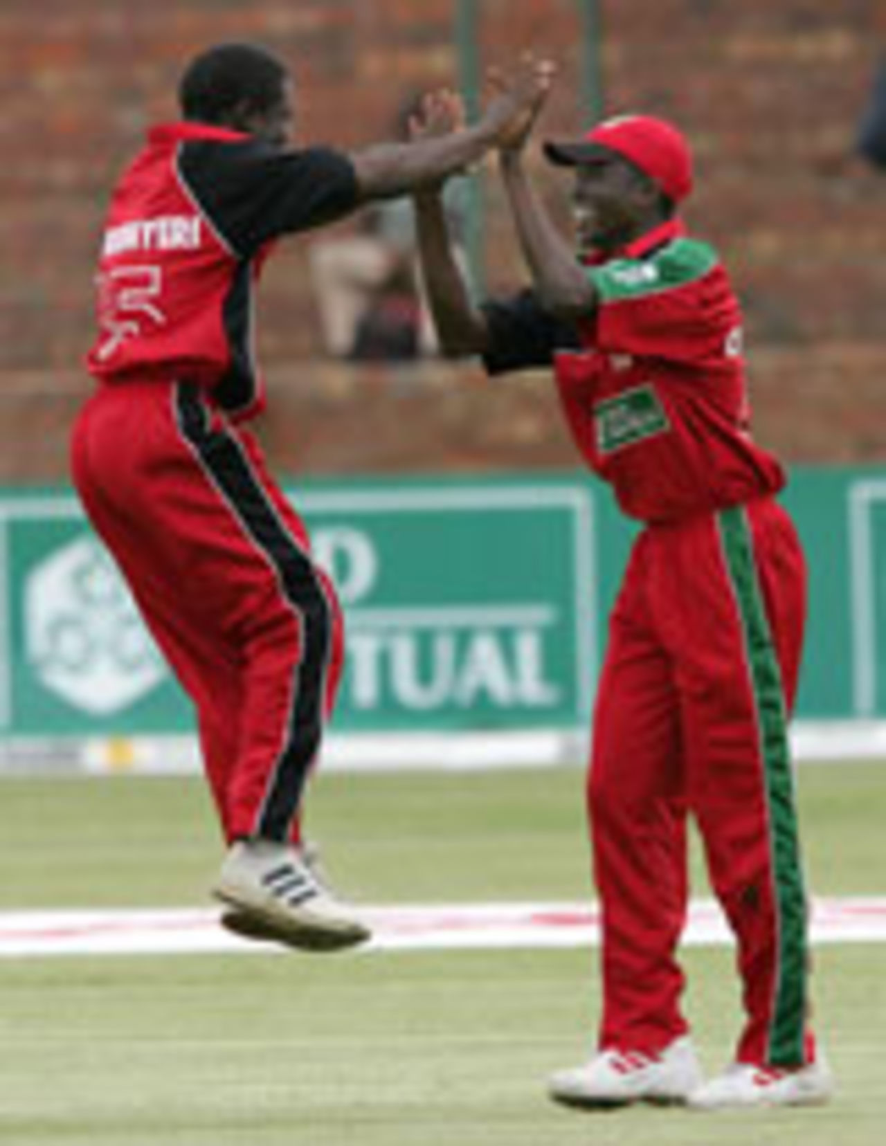 Stuart Matsikenyeri (L) and Elton Chigumbura celebrate Ian Bell's dismissal, Zimbabwe v England, 4th ODI, Bulawayo, December 5 2004