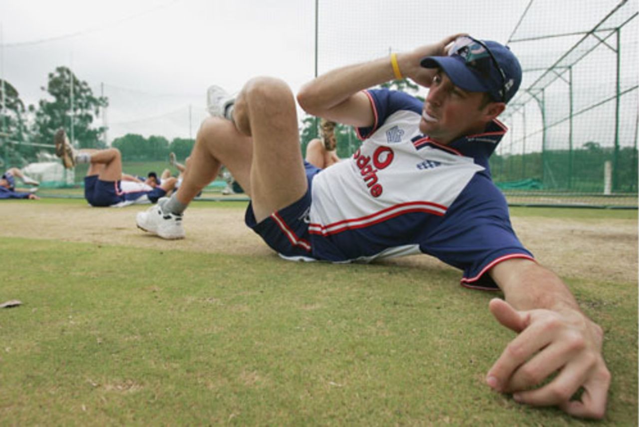 Marcus Trescothick stretching during a practice session at The Wanderers, Johannesburg, December 9 2004