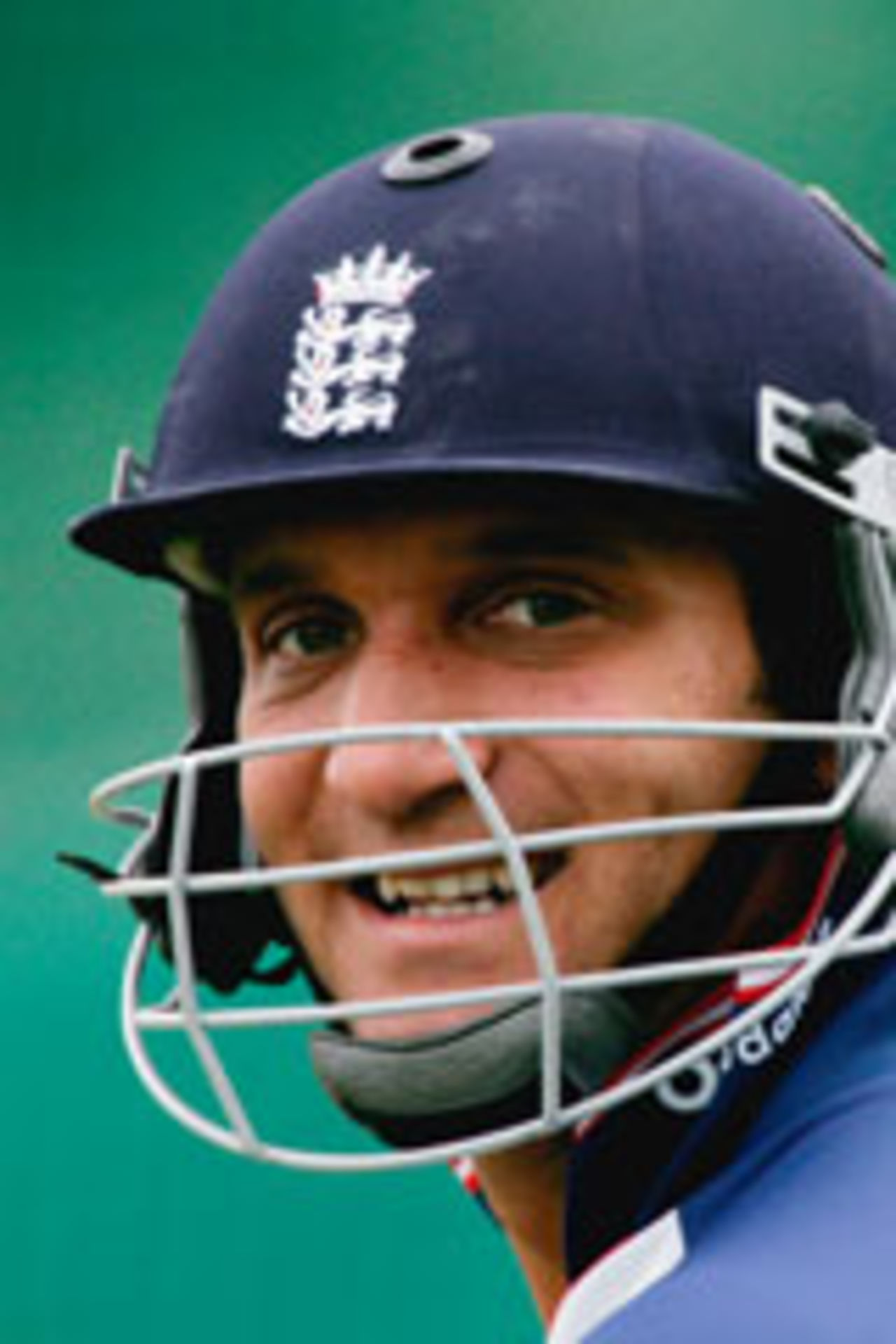 Mark Butcher smiling inside his helmet during a training sessions at The Wanderers, Johannesburg, December 9 2004