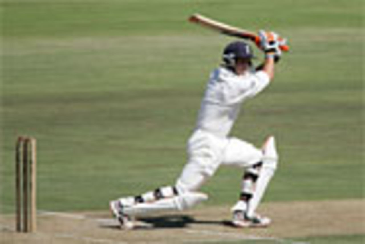 Geraint Jones crashes a cover-drive as England collapse against South Africa A, warm-up match, Potchefstroom, December 11, 2004