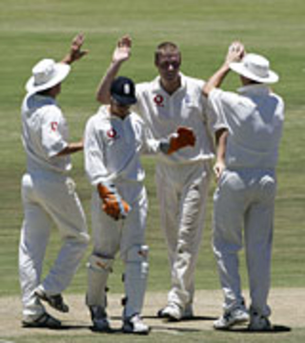 Andrew Flintoff celebrates a wicket with team-mates, South Africa A v England XI, Potchefstroom, December 12 2004