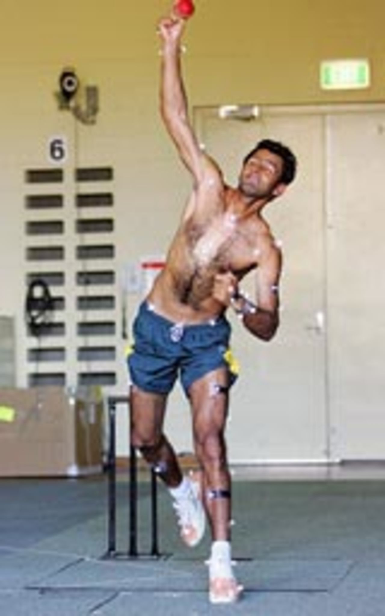 Shoaib Malik during a test on his suspect bowling action at the University of Western Australia, December 13, 2004 i