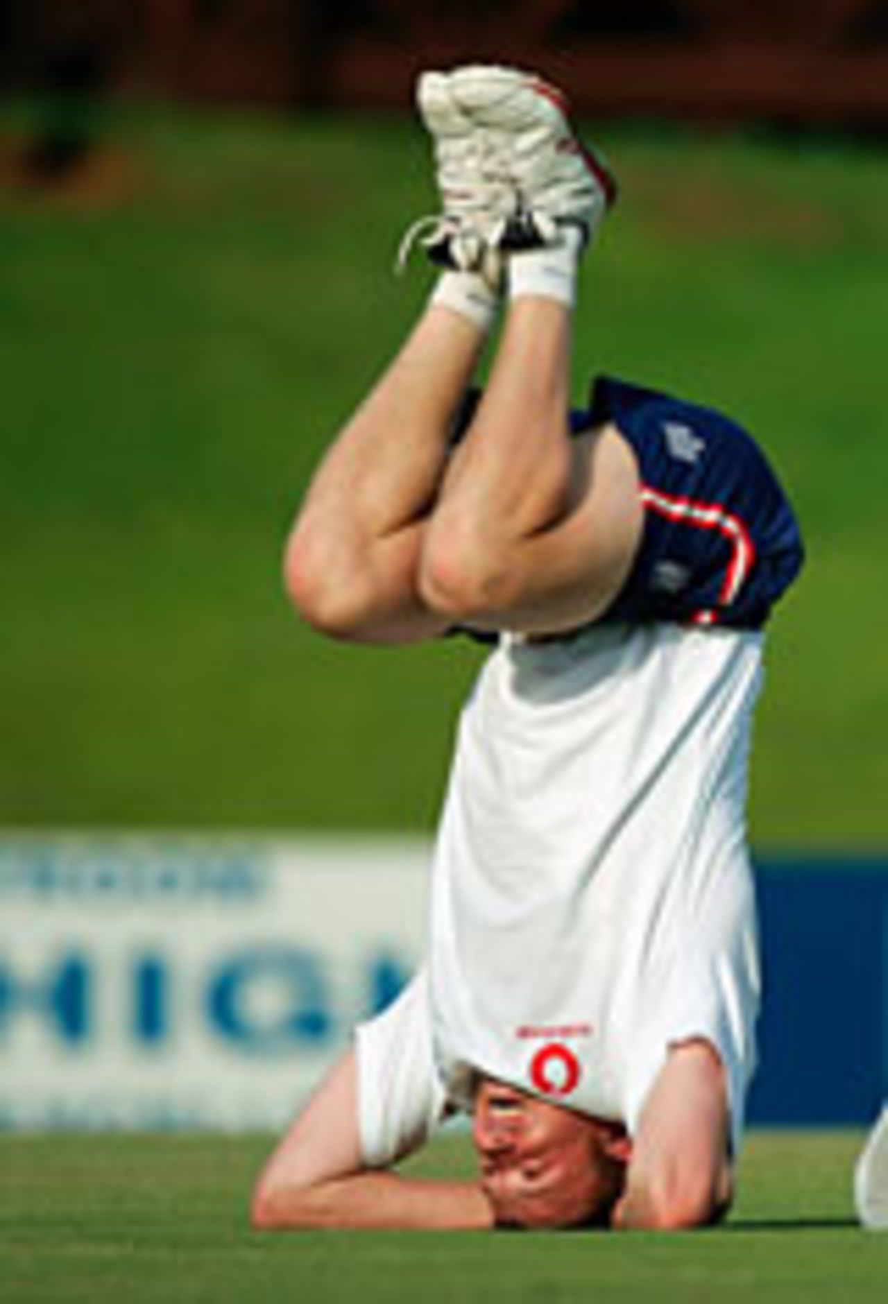 Andrew Flintoff does a yoga headstand after an early finish, South Africa A v England XI, third day, Potchefstroom, December 13 2004