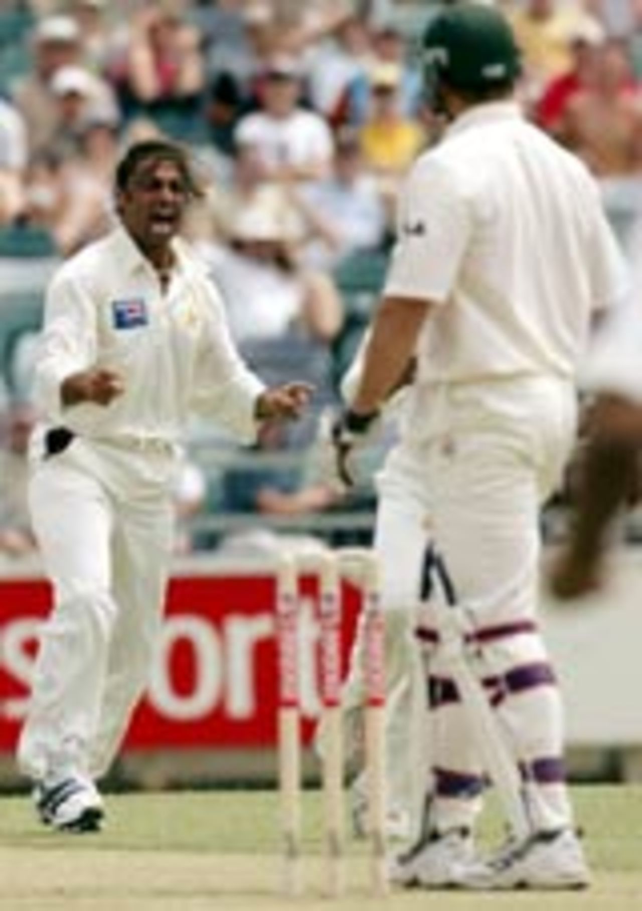 Shoaib Akhtar celebrates Matthew Hayden's dismissal, Australia v Pakistan, 1st Test, Perth, December 16 2004