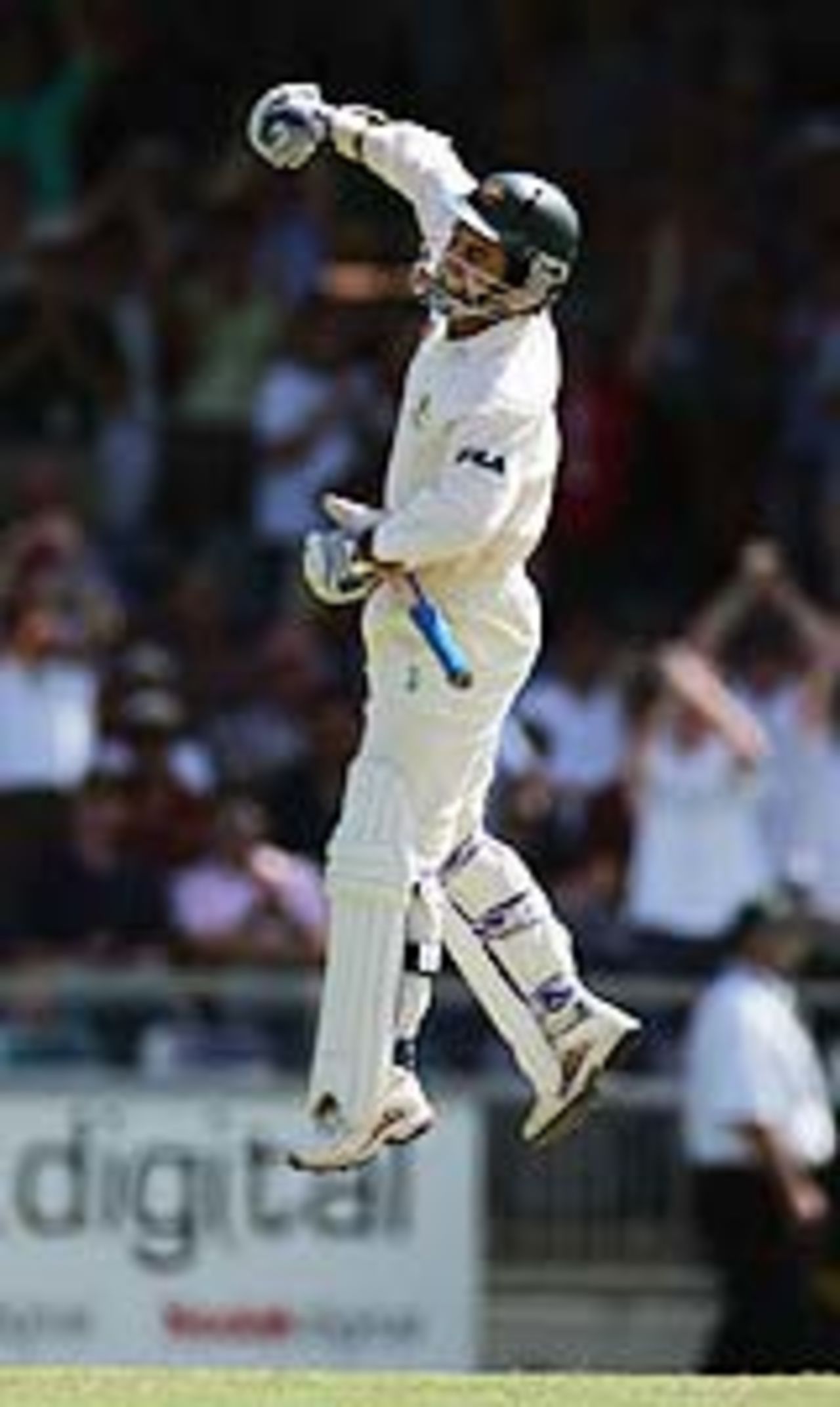 Justin Langer leaps after reaching his hundred, Australia v Pakistan, 1st Test, Perth, December 16 2004