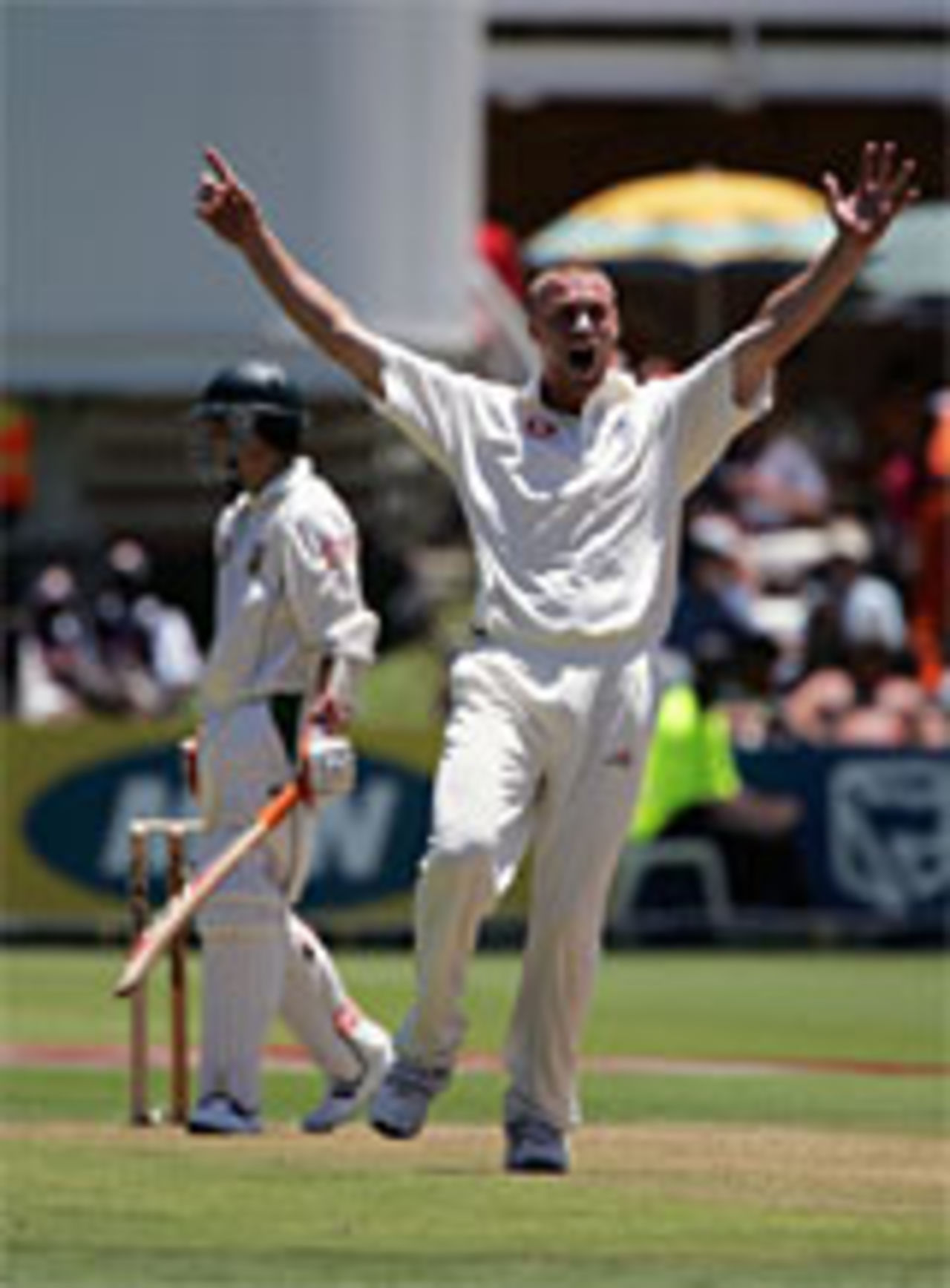 Delight for Andrew Flintoff as he traps debutant AB de Villiers, South Africa v England, 1st Test, Port Elizabeth, December 17, 2004