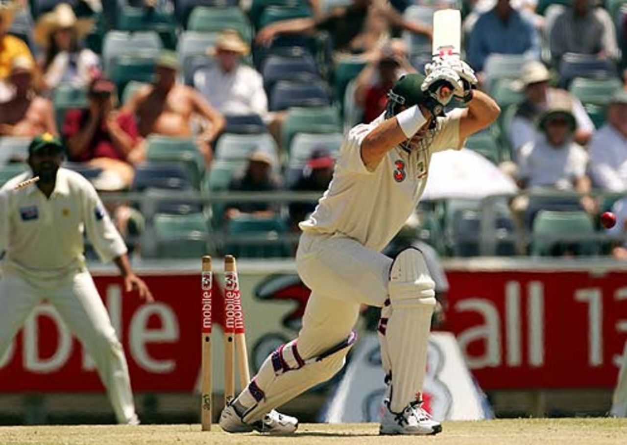 Matthew Hayden shoulders arms as his stumps are rattled, Australia v Pakistan, 1st Test, Perth, December 18, 2004