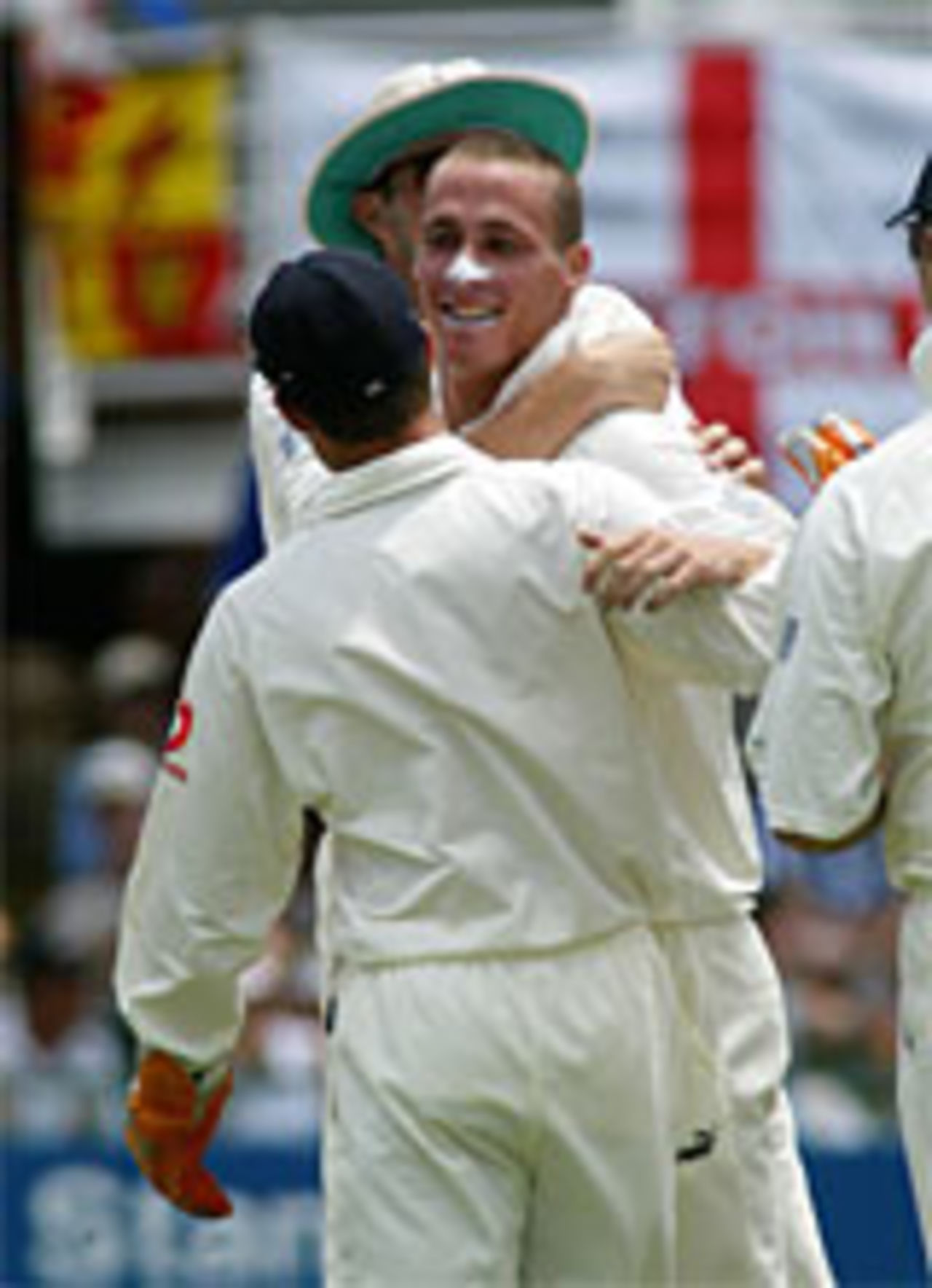 Simon Jones celebrates as he scoops the wicket of centurion Boeta Dippenaar, South Africa v England, 1st Test, 2nd day, December 18, 2004