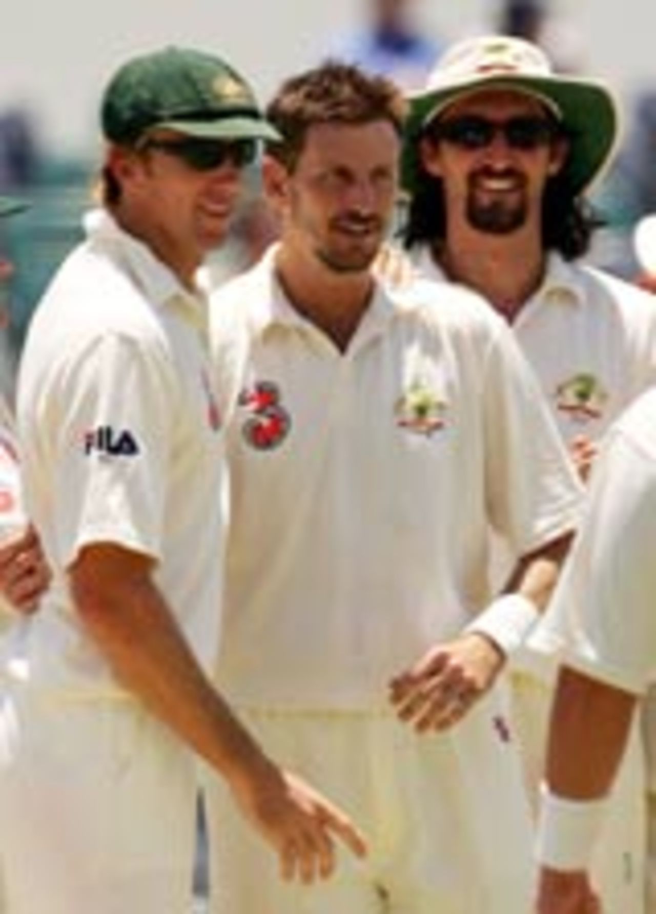 Glenn McGrath, Jason Gillespie and Michael Kasprowicz are all smiles, Australia v Pakistan, 1st Test, Perth, 4th day, December 19, 2004