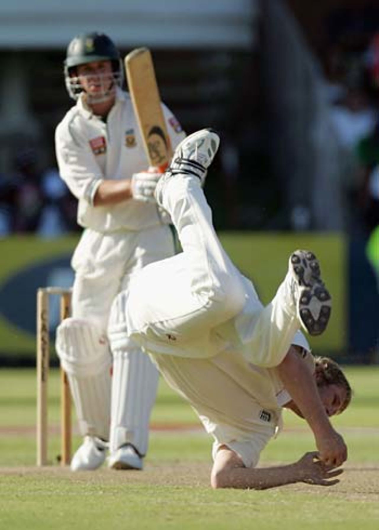 Matthew Hoggard takes a superb tumbling caught and bowled to dismiss AB de Villiers, South Africa v England, 1st Test, Port Elizabeth, 3rd day, December 19 2004