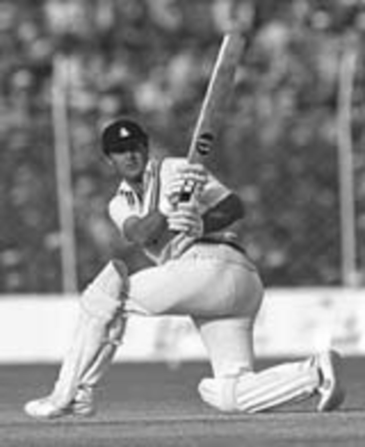 Geoff Boycott sweeps on his way to passing Garry Sobers' world record aggregate of Test runs, India v England, Delhi, December 1981