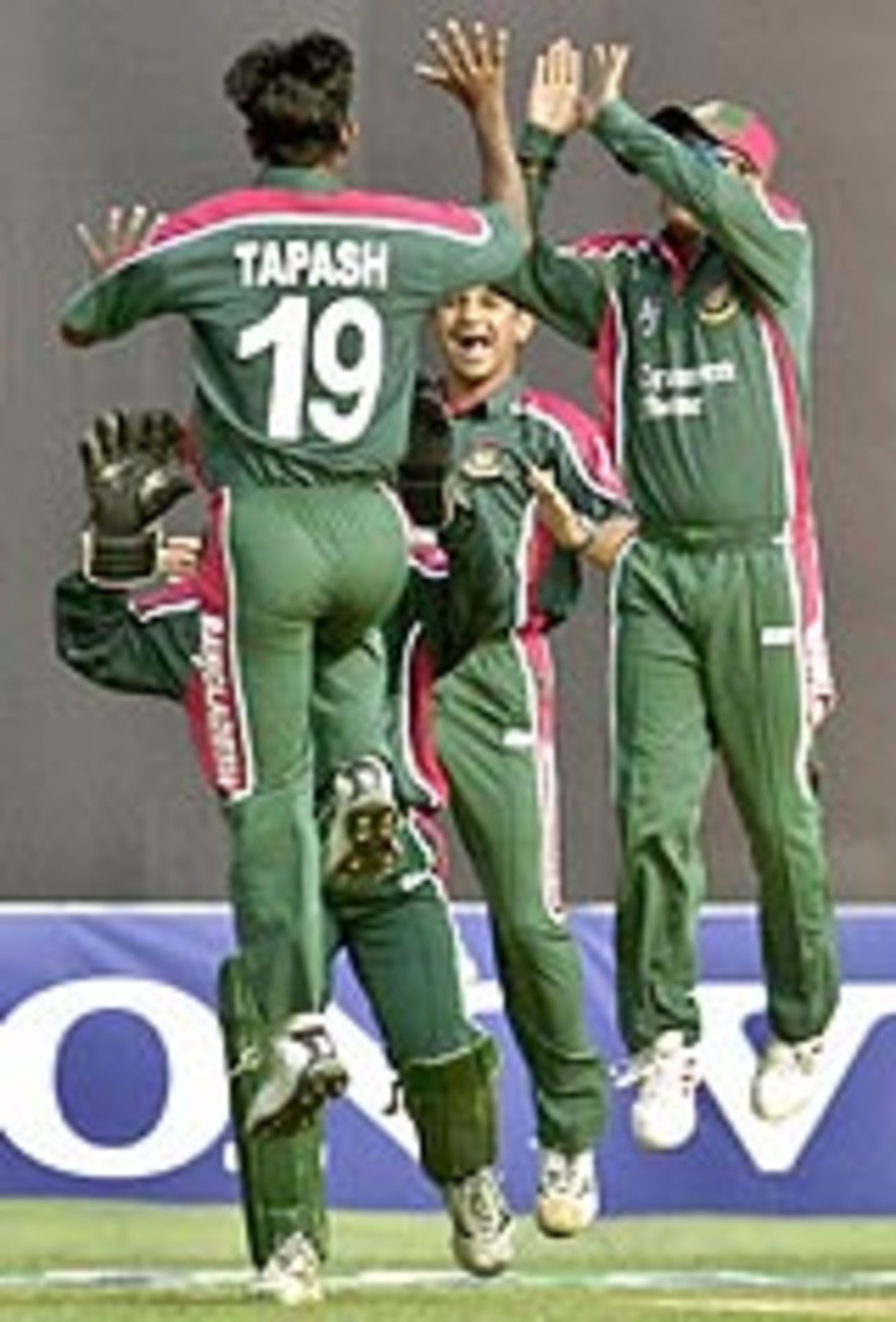 Tapash Baisya is airborne, Bangladesh v India, 1st ODI, Chittagong, December 23, 2004