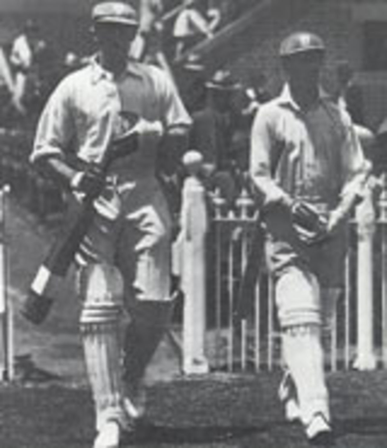 Alan Kippax (right) and Hal Hooker resume their partnership at the MCG, December 1928.  They added a record 307 for the last New South Wales wicket