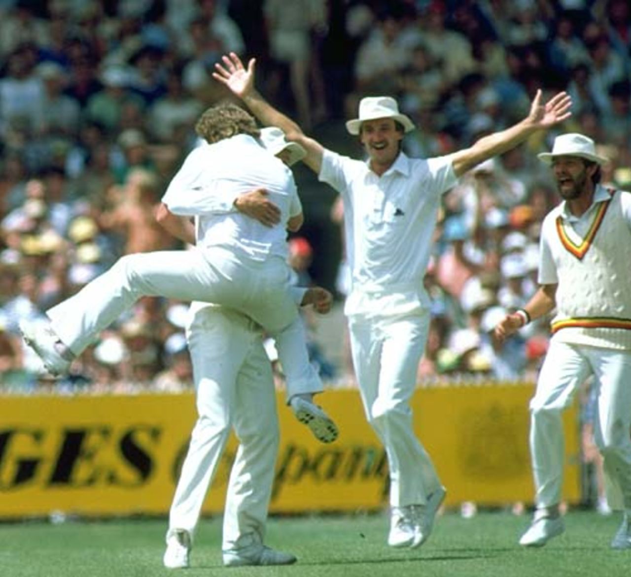 England fielders celebrate  dismissing Greg Chappell during their dramatic three-run win, Australia v England, Melbourne, 1982-83