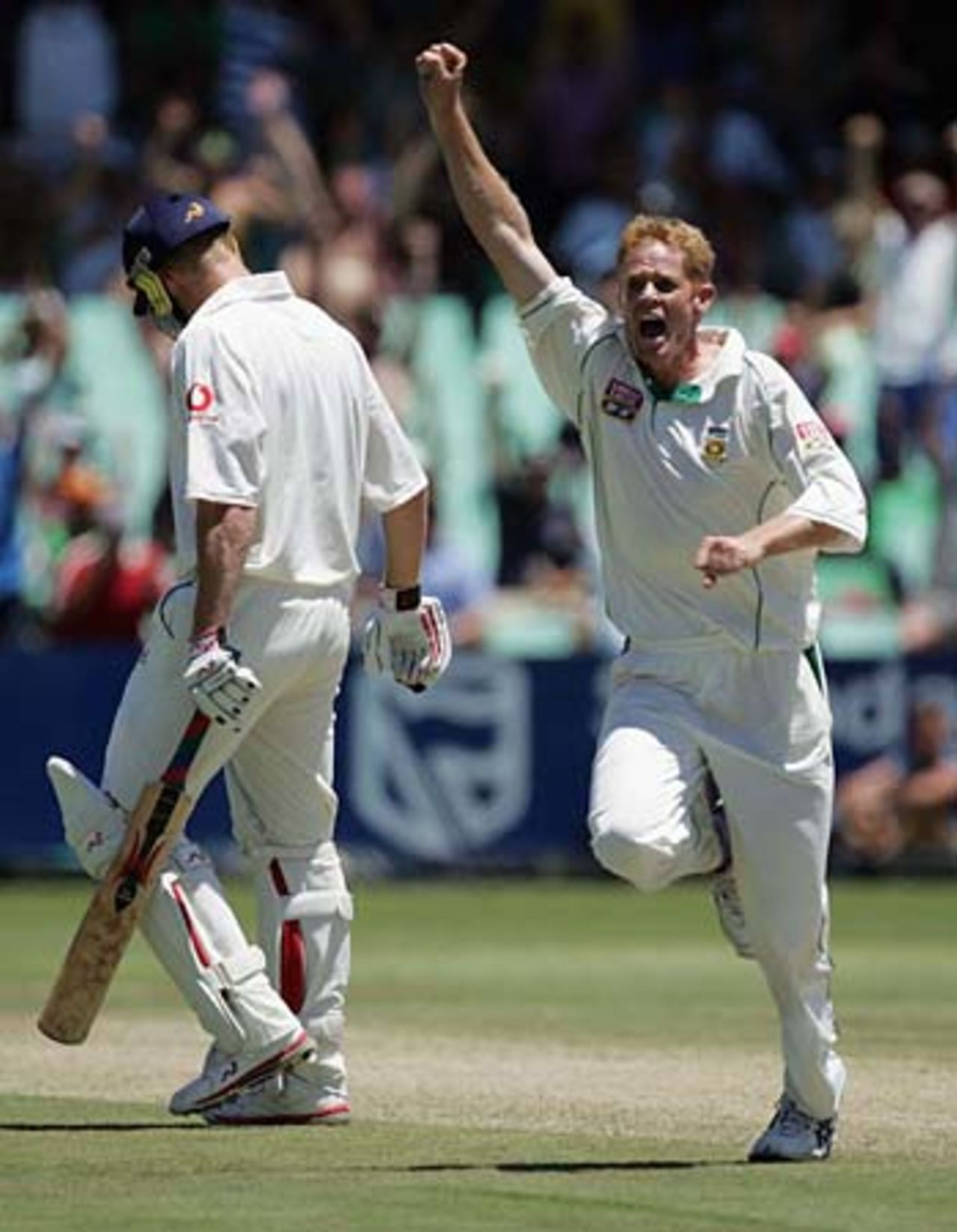 A delighted Shaun Pollock dismisses Andrew Flintoff, South Africa v England, 2nd Test, Durban, December 26 2004