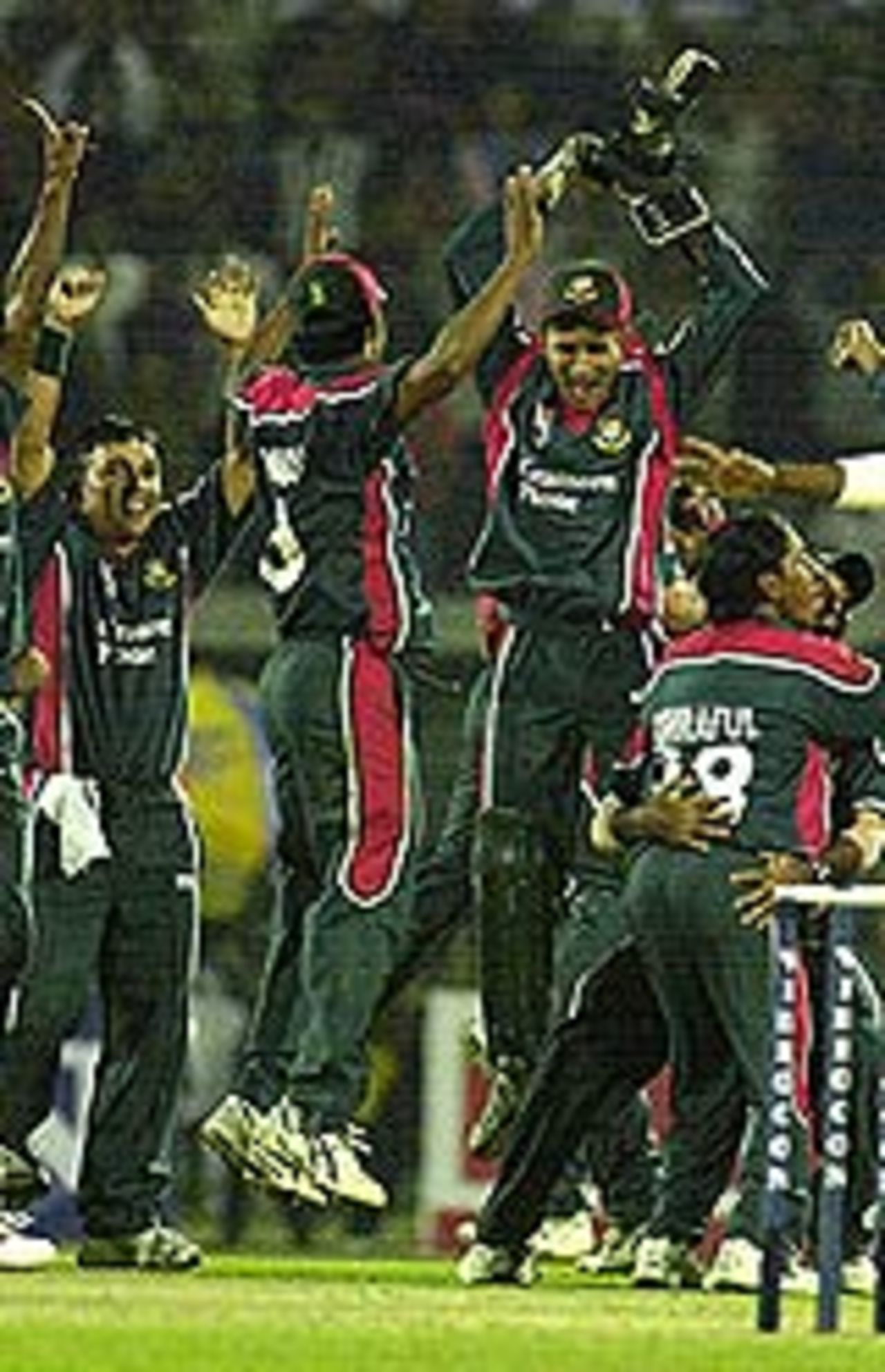 Bangladesh fielders are ecstatic after the win, Bangladesh v India, 2nd ODI, Dhaka, December 26, 2004