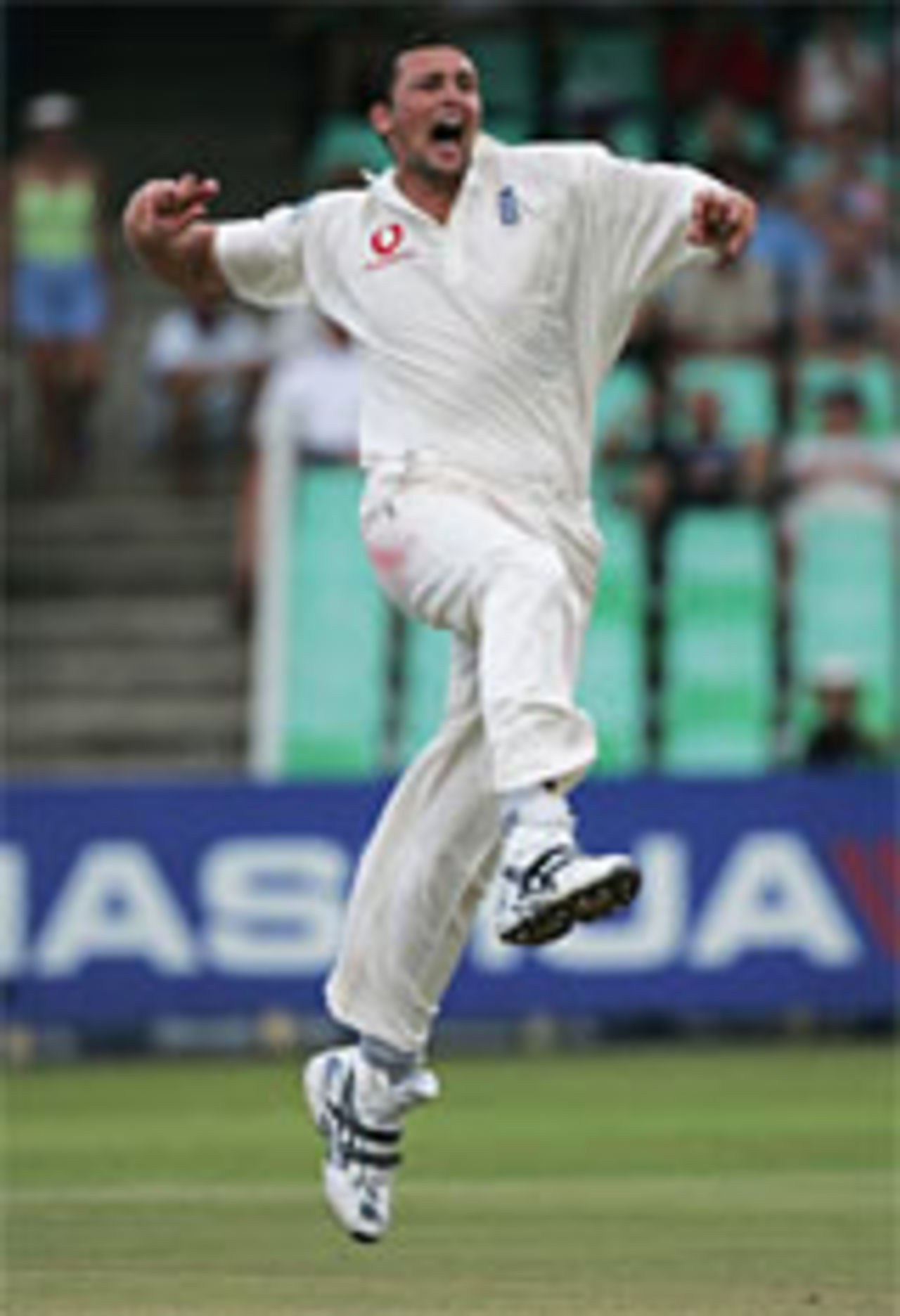 Steve Harmison celebrates making history, as he becomes the highest English wicket taker in a calendar year, with 64, at Kingsmead, second Test, South Africa v England, December 26, 2004