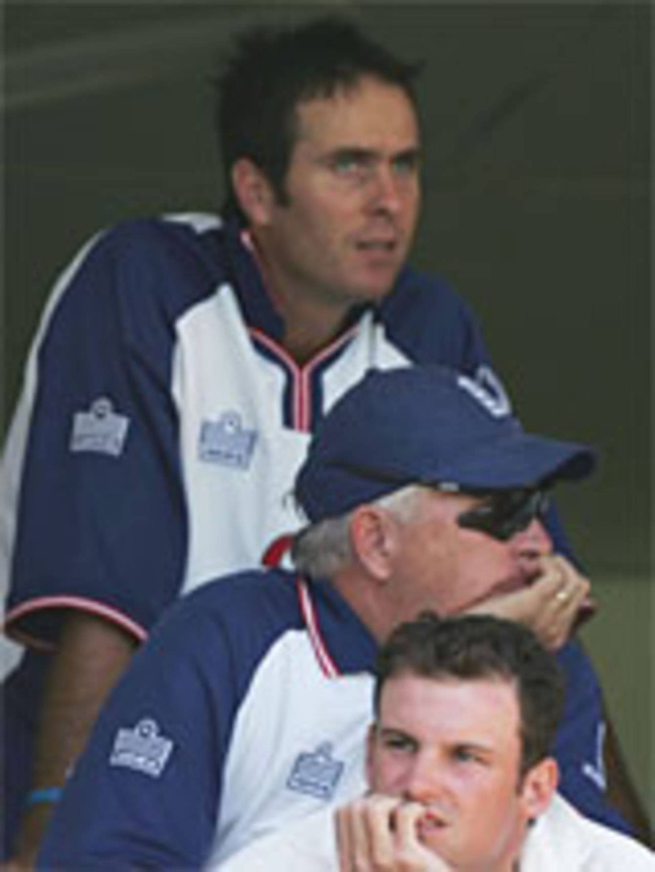 Michael Vaughan, Duncan Fletcher and Andrew Strauss don't know which way to look as England collapse to 139 on the first day at Kingsmead, second Test, South Africa v England, December 26, 2004