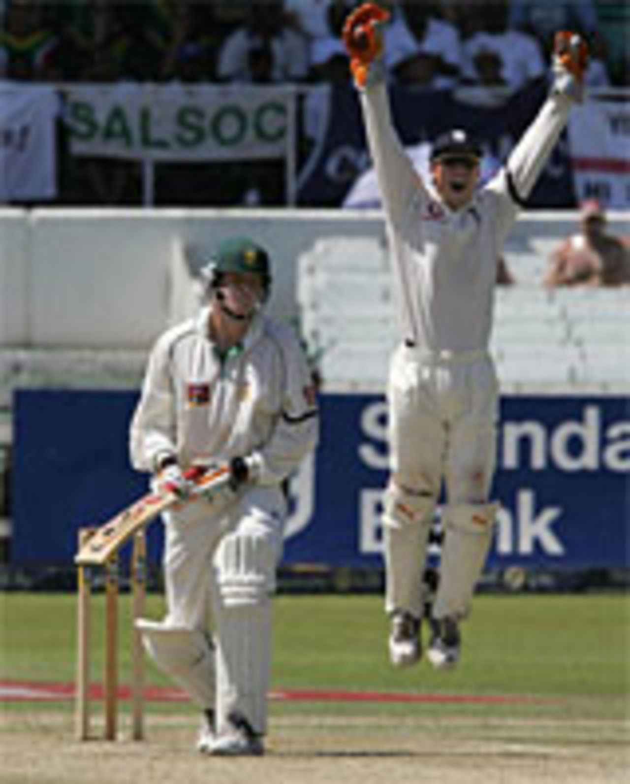 Geraint Jones celebrates catching Shaun Pollock on the second day of the second Test at Durban, South Africa v England, December 27, 2004