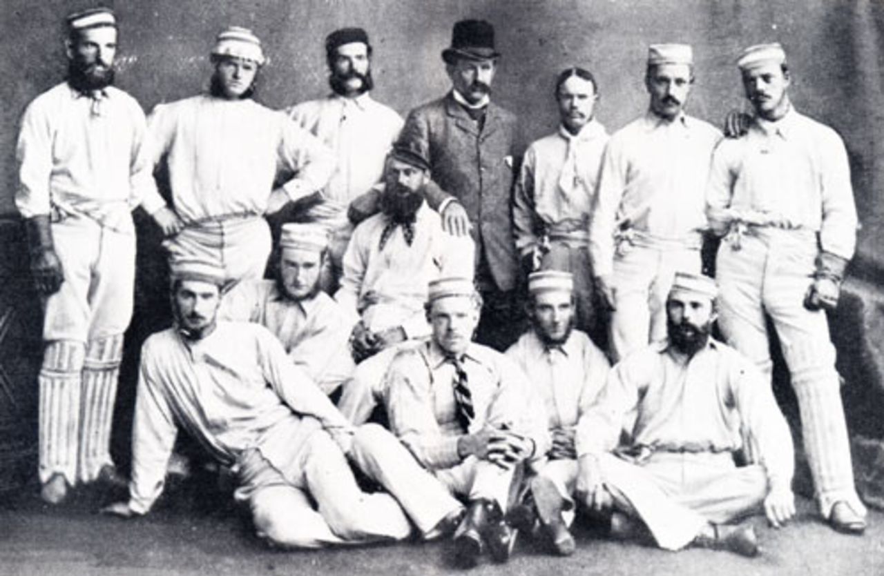 The 1878 Australians: J. McC. Blackham, T. Horan, G. H. Bailey, D. W. Gregory (captain), J. Conway (manager), A. Bannerman, C. Bannerman, W. L. Murdoch;  front row: F. R. Spofforth, F. Allan, W. Midwinter, T. W. Garrett, H. F. Boyle