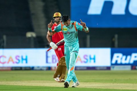 Dushmantha Chameera is ecstatic after picking the wicket of Mayank Agarwal, Lucknow Super Giants vs Punjab Kings, IPL 2022, Pune, April 29, 2022