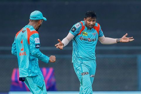 K Gowtham reacts after dismissing Mithcell Marsh, Delhi Capitals vs Lucknow Super Giants, IPL 2022, Wankhede Stadium, Mumbai, May 1, 2022