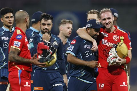 Kings and Titans players greet each other after the match, Gujarat Titans vs Punjab Kings, IPL 2022, DY Patil Stadium, Mumbai, May 3, 2022