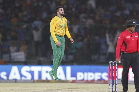 Tabraiz Shamsi reacts after being smacked for six, India v South Africa, 1st T20I, Delhi, June 9, 2022
