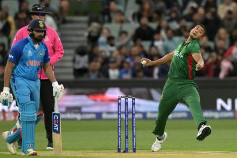 Taskin Ahmed bowls as Rohit Sharma watches on, Bangladesh vs India, ICC Men's T20 World Cup 2022, Adelaide, November 2, 2022
