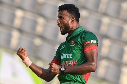 Ebadot Hossain is pumped after taking a wicket