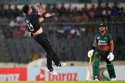 Ish Sodhi is jubilant after dismissing Soumya Sarkar in a caught and bowled