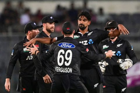 Ish Sodhi celebrates after sending Soumya Sarkar back