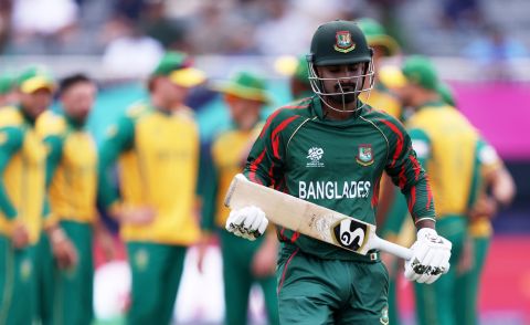 Litton Das walks back for 9 off 13, Bangladesh vs South Africa, T20 World Cup 2024, New York, June 10, 2024