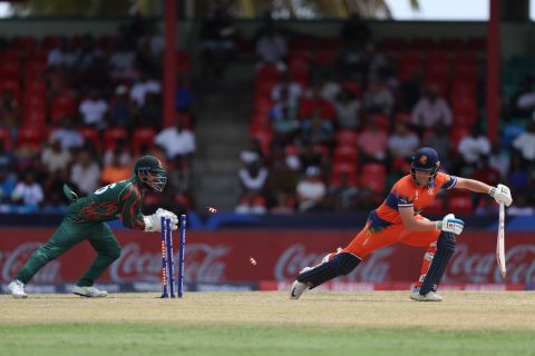 Bas de Leede is stumped off Rishad Hossain, Bangladesh vs Netherlands, T20 World Cup 2024, Kingstown, June 13, 2024