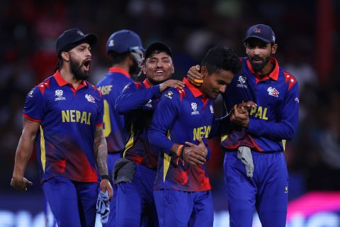 Rohit Paudel is congratulated for dismissing Shakib Al Hasan, Bangladesh vs Nepal, T20 World Cup 2024, Kingstown, June 16, 2024