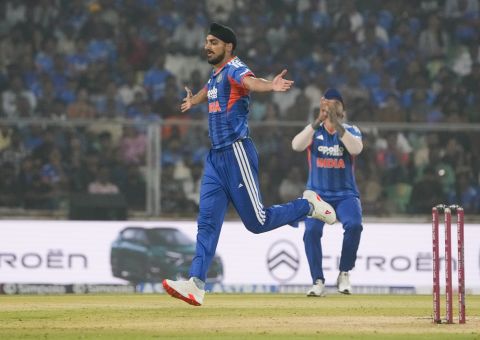 Arshdeep Singh celebrates a wicket, India vs New Zealand, 5th T20I, Thiruvananthapuram, January 31, 2026