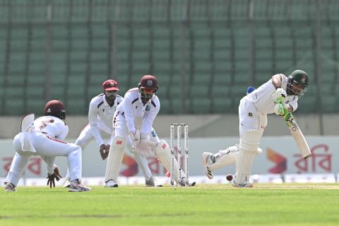 Najmul Hossain Shanto drives to the leg side, Bangladesh vs West Indies, 1st Test, Dhaka, 1st day, October 28, 2026