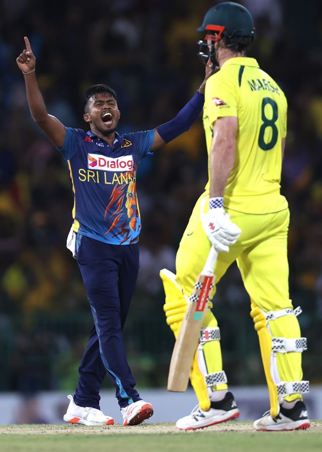 Debutant Pramod Madushan celebrates after dismissing Mitchell Marsh, Sri Lanka vs Australia, 5th ODI, Colombo, June 24, 2022