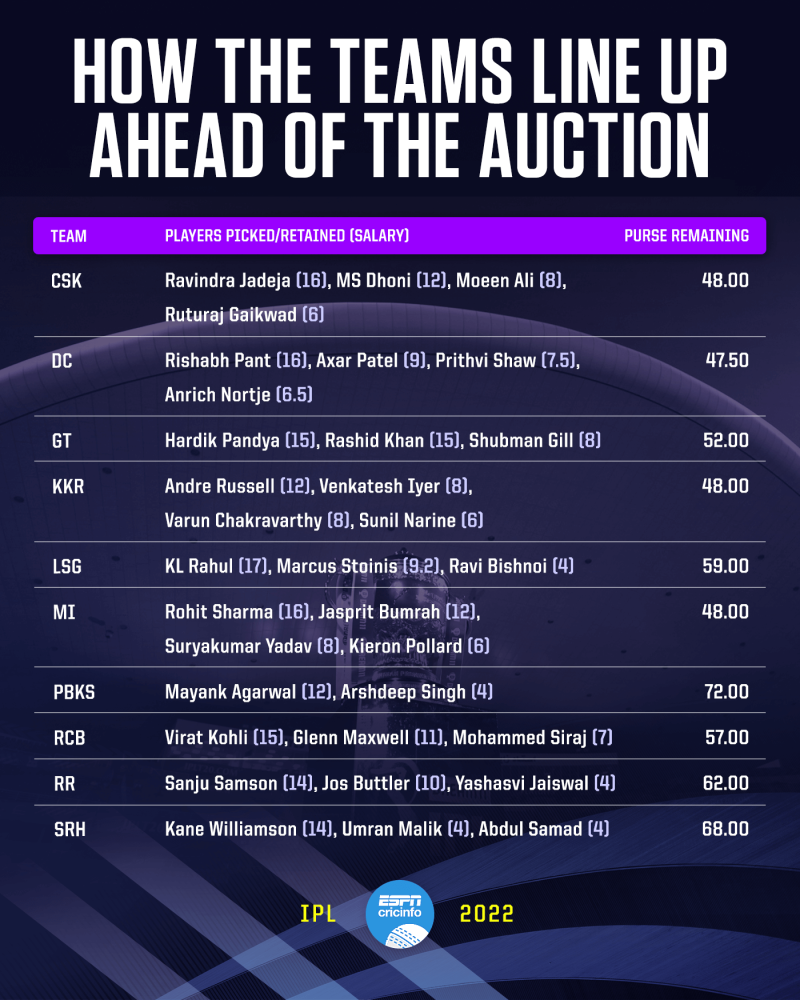 IPL 2023 Auction: Players retained, released, remaining purse, slots left  for all 10 teams - ... | Ipl, Auction, Purses