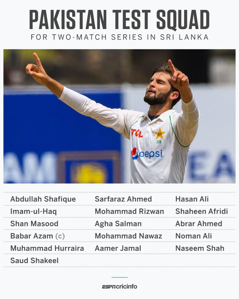 Shaheen Shah Afridi back in Test squad for Sri Lanka series; Mohammad Hurraira, Aamer Jamal get maiden call-ups ESPNcricinfo