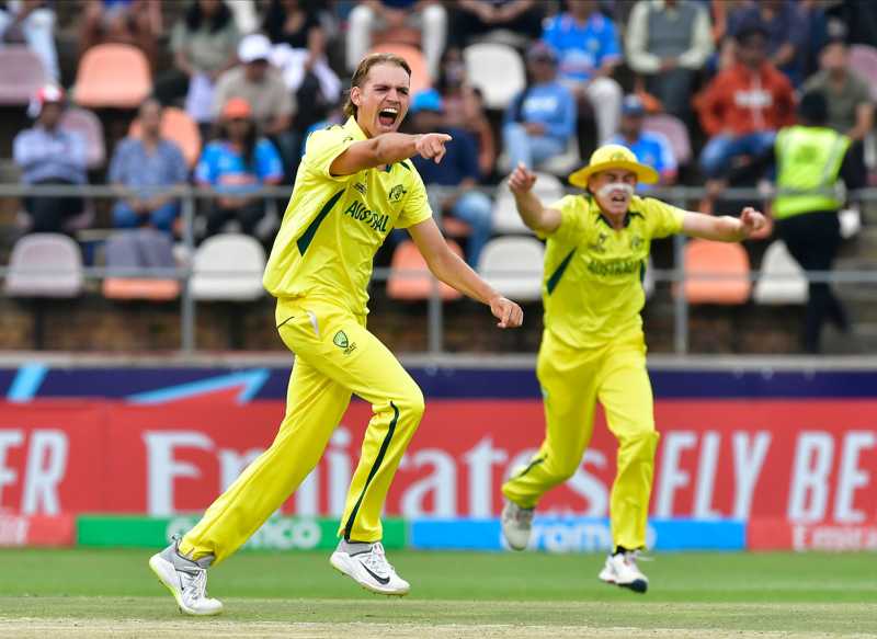 Mahli Beardman celebrates a wicket, India vs Australia, Under-19 World Cup final, February 11, 2024