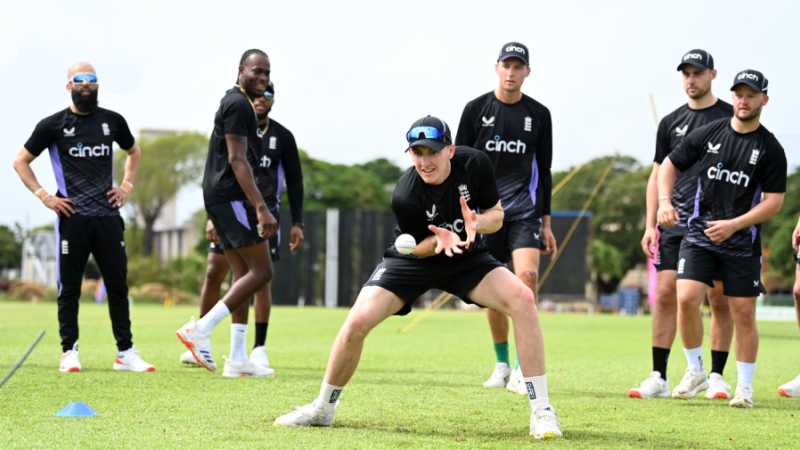 Harry Brook prepares to take a catch as the England squad looks on, England training, 3 Ws Oval, Barbados, June 2, 2024