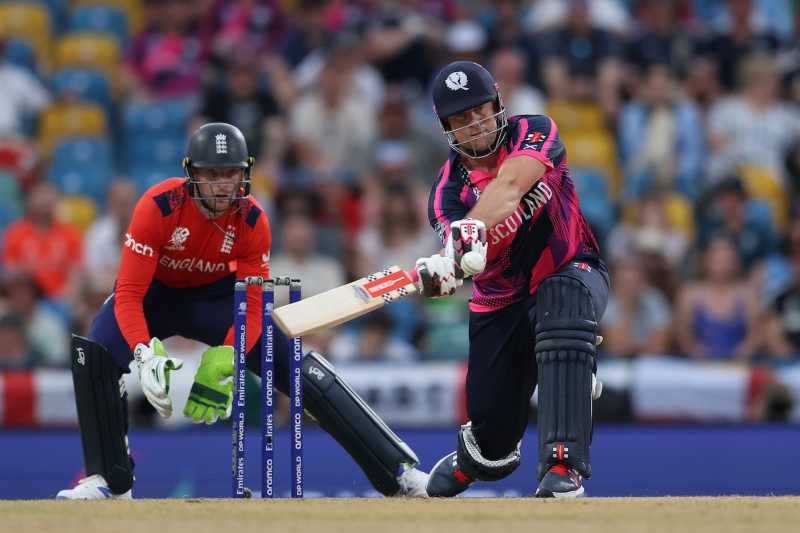 Left-hander George Munsey hits Adil Rashid for a right-handed six, England vs Scotland, T20 World Cup, Barbados, June 4, 2024