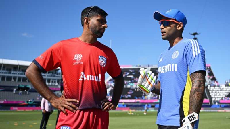 Saurabh Netravalkar and Suryakumar Yadav catch up before the game, USA vs India, T20 World Cup 2024, New York, June 12, 2024