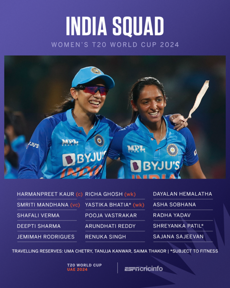 Yastika Bhatia returns as India name tried and tested 15 for ICC Women s T20 World Cup 2024 ESPNcricinfo