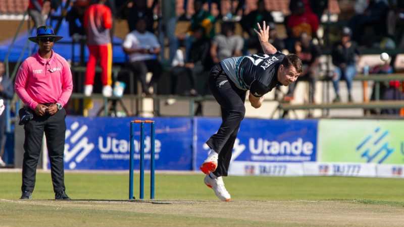 Jacob Duffy bends his back, New Zealand vs South Africa, Harare, July 16, 2025