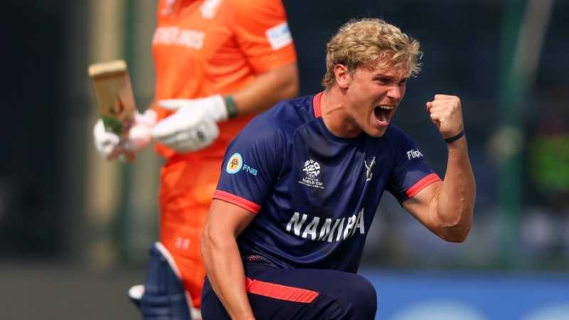 Ruben Trumpelmann is pumped after removing Michael Levitt, Namibia vs Netherlands, T20 World Cup, Delhi, February 10, 2026