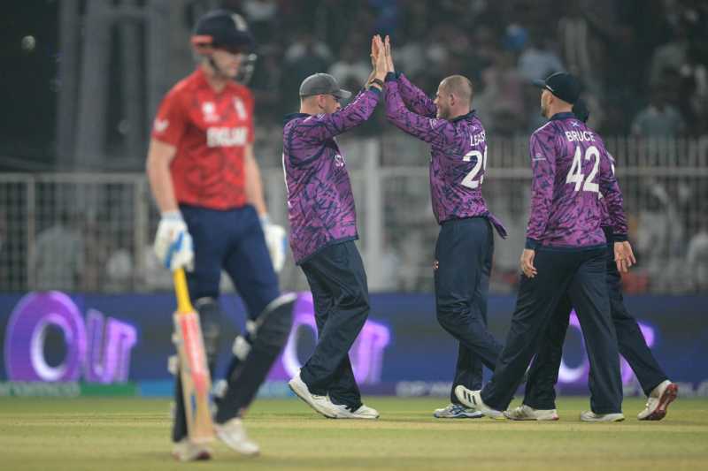 Harry Brook troops off after falling to Michael Leask, England vs Scotland, T20 World Cup, Group C, Kolkata, February 14, 2026