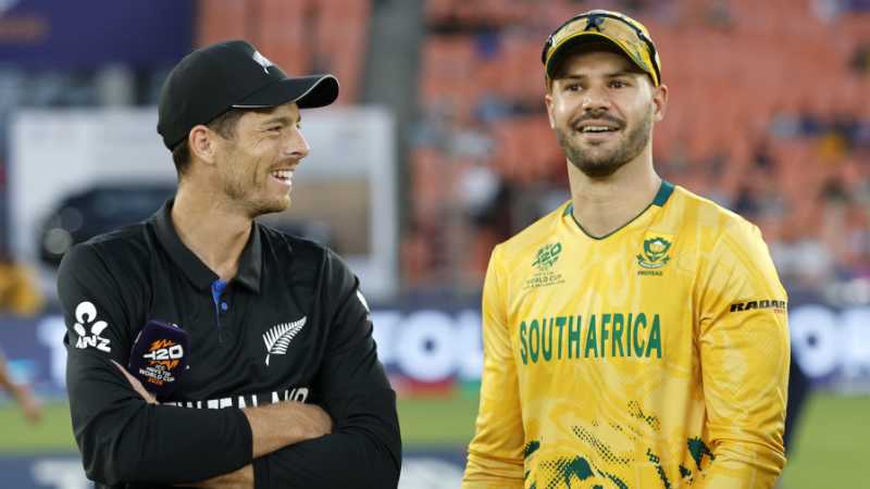 Mitchell Santner and Aiden Markram have a laugh, New Zealand vs South Africa, T20 World Cup, Group D, Ahmedabad, February 14, 2026