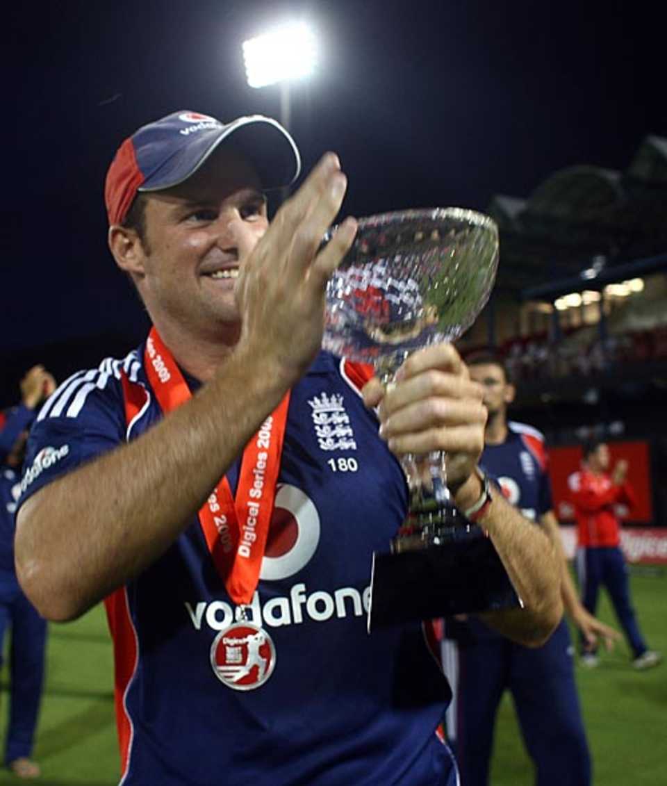 Andrew Strauss with the trophy, West Indies v England, 5th ODI, St Lucia, April 3, 2009